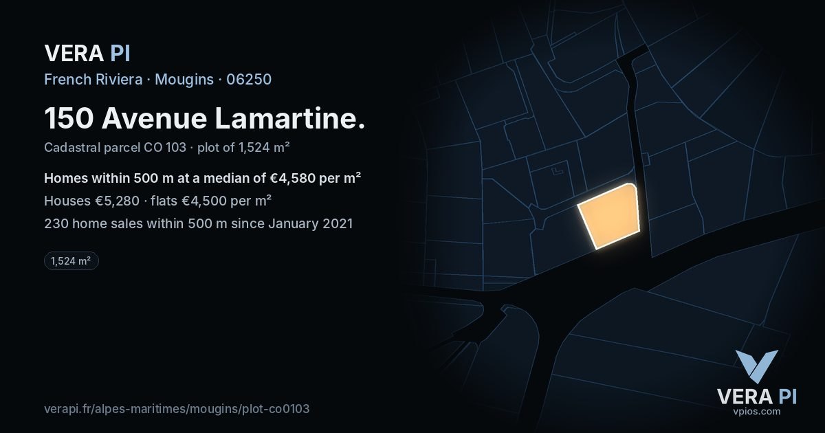 150 Avenue Lamartine, Mougins at night – the plot lit, the parcels around coloured by the prices near them