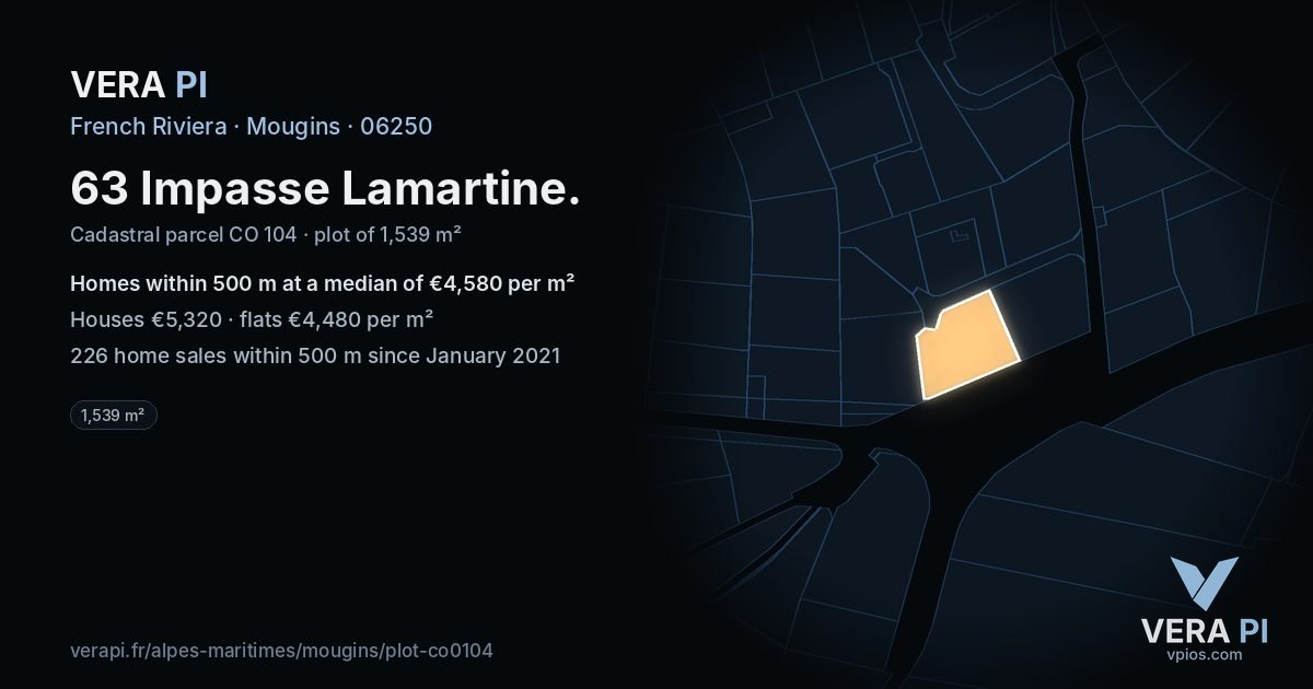 63 Impasse Lamartine, Mougins at night – the plot lit, the parcels around coloured by the prices near them