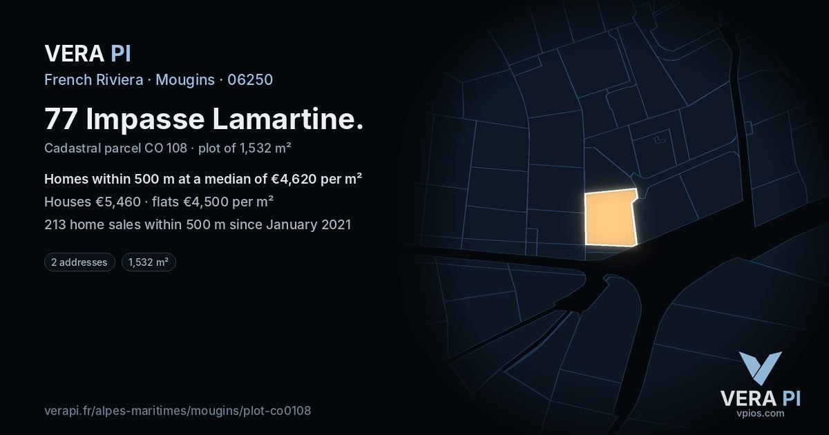77 Impasse Lamartine, Mougins at night – the plot lit, the parcels around coloured by the prices near them