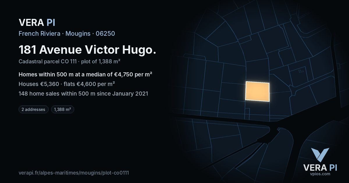 181 Avenue Victor Hugo, Mougins at night – the plot lit, the parcels around coloured by the prices near them