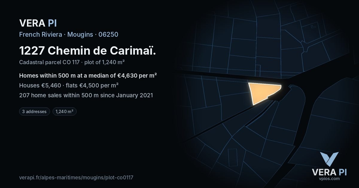1227 Chemin de Carimaï, Mougins at night – the plot lit, the parcels around coloured by the prices near them