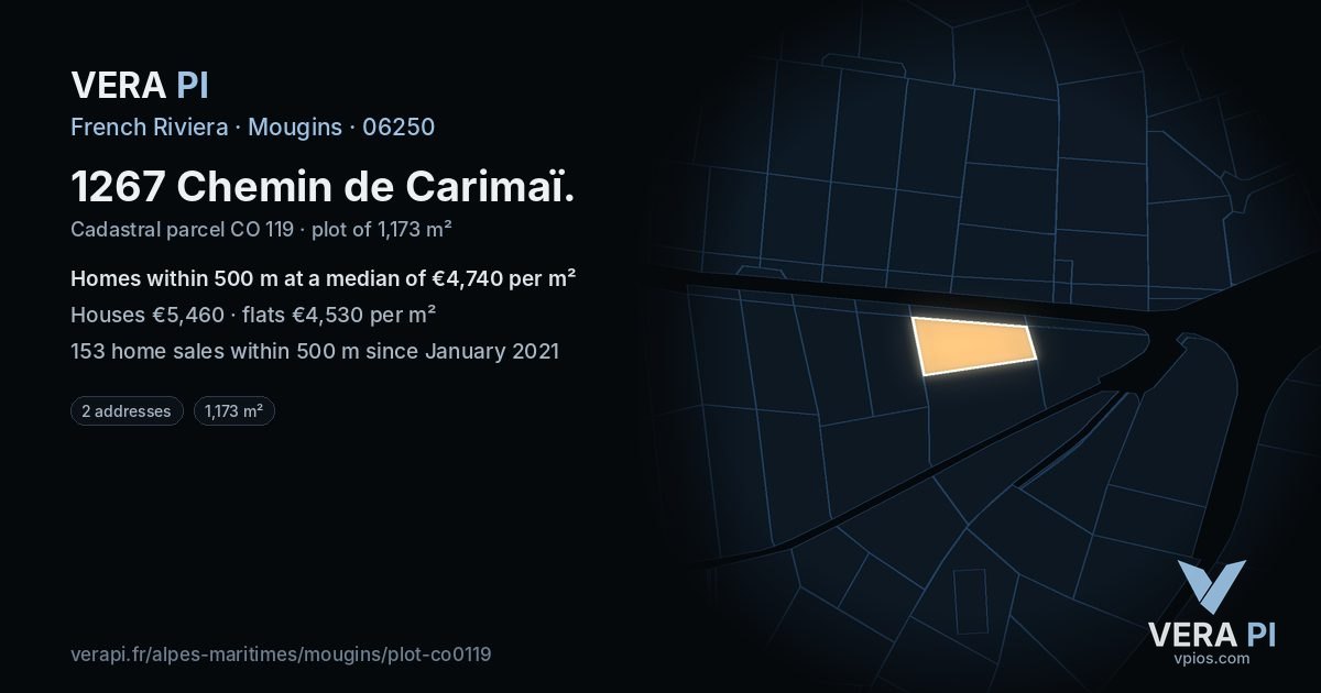 1267 Chemin de Carimaï, Mougins at night – the plot lit, the parcels around coloured by the prices near them