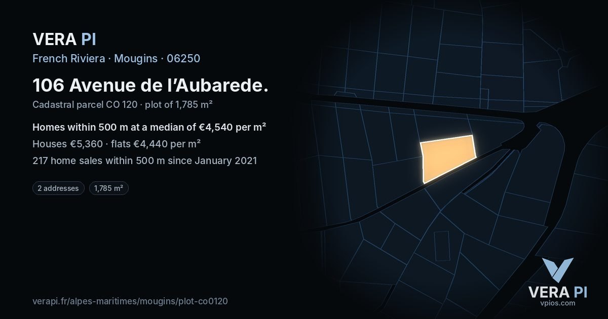 106 Avenue de l’Aubarede, Mougins at night – the plot lit, the parcels around coloured by the prices near them