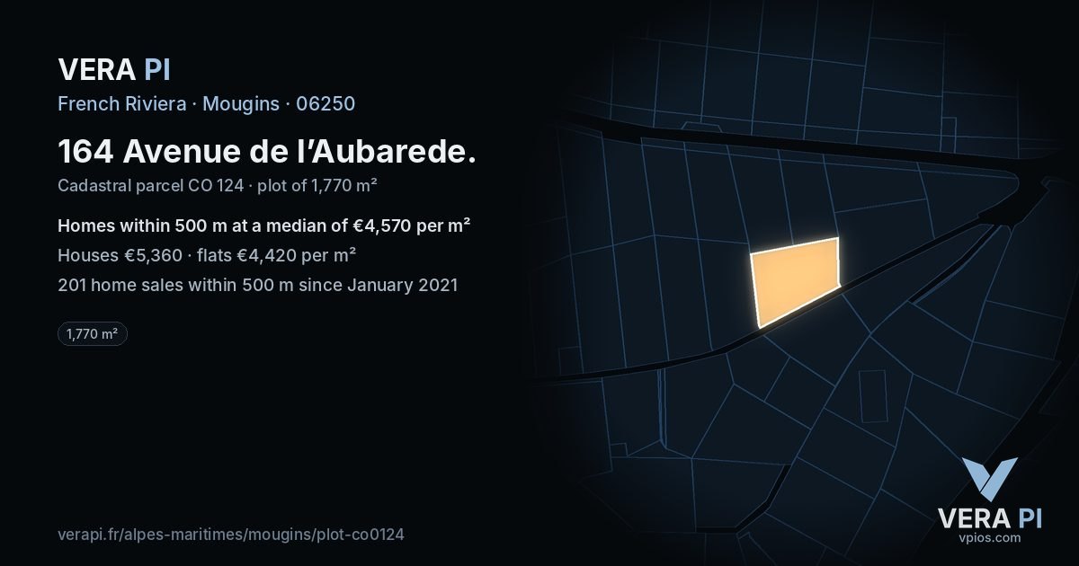 164 Avenue de l’Aubarede, Mougins at night – the plot lit, the parcels around coloured by the prices near them