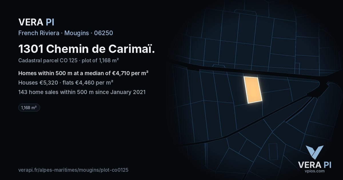 1301 Chemin de Carimaï, Mougins at night – the plot lit, the parcels around coloured by the prices near them