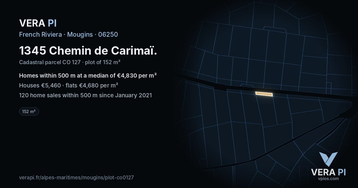 1345 Chemin de Carimaï, Mougins at night – the plot lit, the parcels around coloured by the prices near them