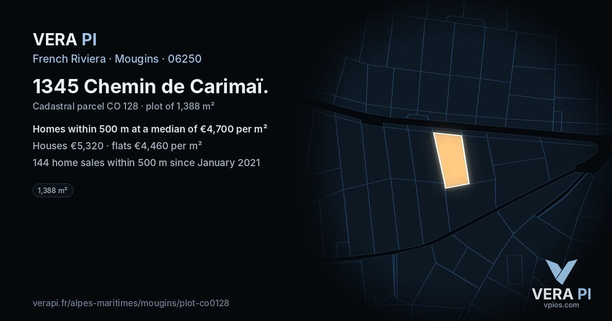 1345 Chemin de Carimaï, Mougins at night – the plot lit, the parcels around coloured by the prices near them