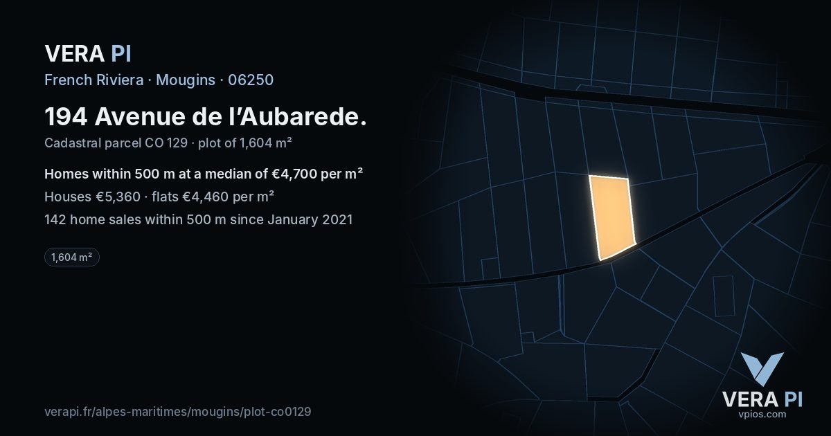 194 Avenue de l’Aubarede, Mougins at night – the plot lit, the parcels around coloured by the prices near them