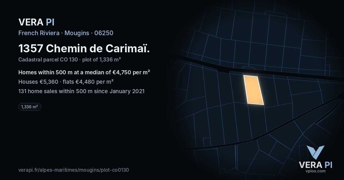 1357 Chemin de Carimaï, Mougins at night – the plot lit, the parcels around coloured by the prices near them
