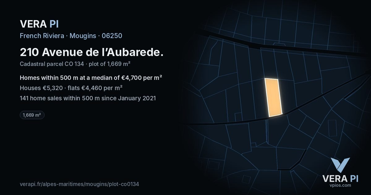 210 Avenue de l’Aubarede, Mougins at night – the plot lit, the parcels around coloured by the prices near them