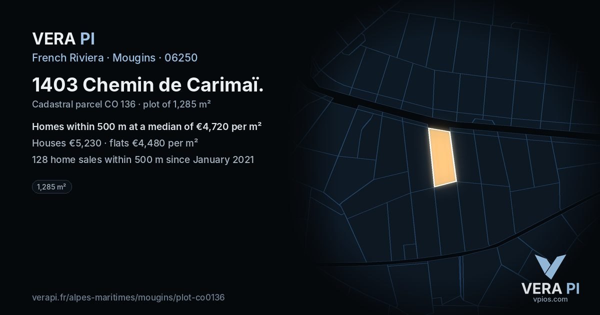 1403 Chemin de Carimaï, Mougins at night – the plot lit, the parcels around coloured by the prices near them