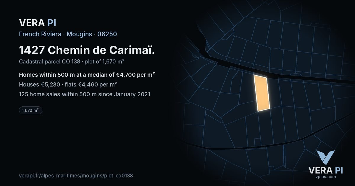 1427 Chemin de Carimaï, Mougins at night – the plot lit, the parcels around coloured by the prices near them