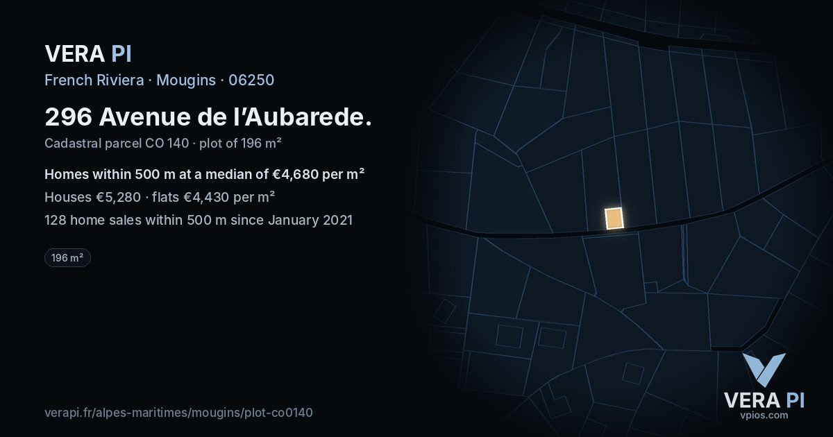 296 Avenue de l’Aubarede, Mougins at night – the plot lit, the parcels around coloured by the prices near them