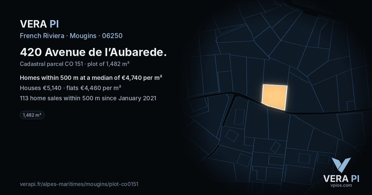 420 Avenue de l’Aubarede, Mougins at night – the plot lit, the parcels around coloured by the prices near them
