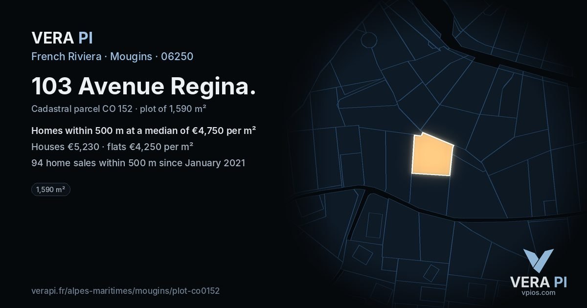 103 Avenue Regina, Mougins at night – the plot lit, the parcels around coloured by the prices near them