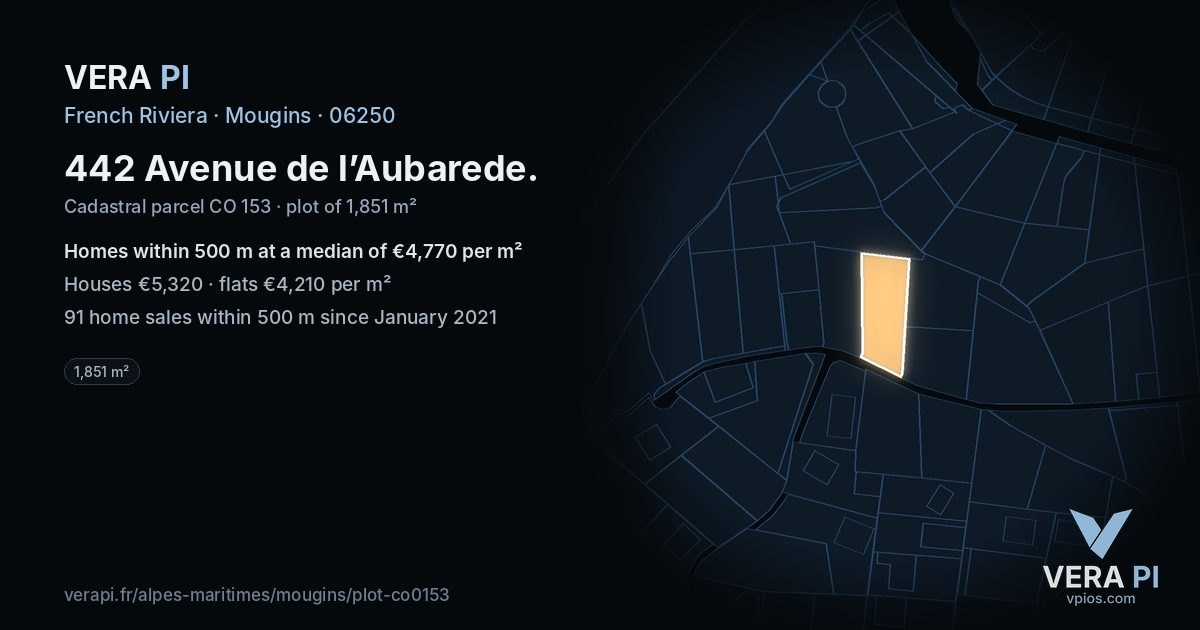 442 Avenue de l’Aubarede, Mougins at night – the plot lit, the parcels around coloured by the prices near them