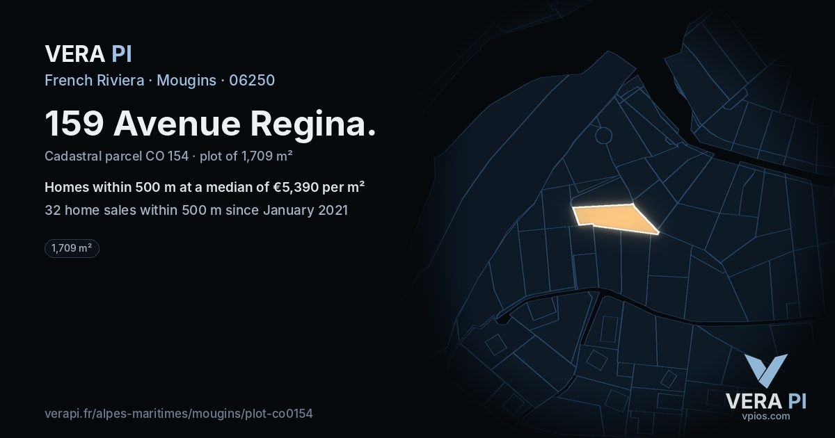 159 Avenue Regina, Mougins at night – the plot lit, the parcels around coloured by the prices near them