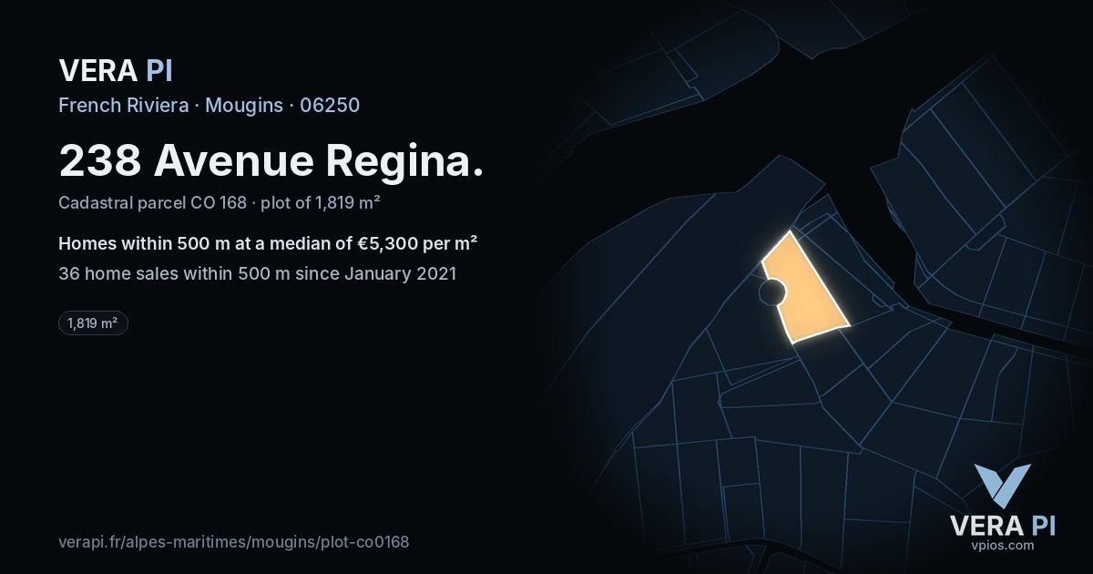 238 Avenue Regina, Mougins at night – the plot lit, the parcels around coloured by the prices near them