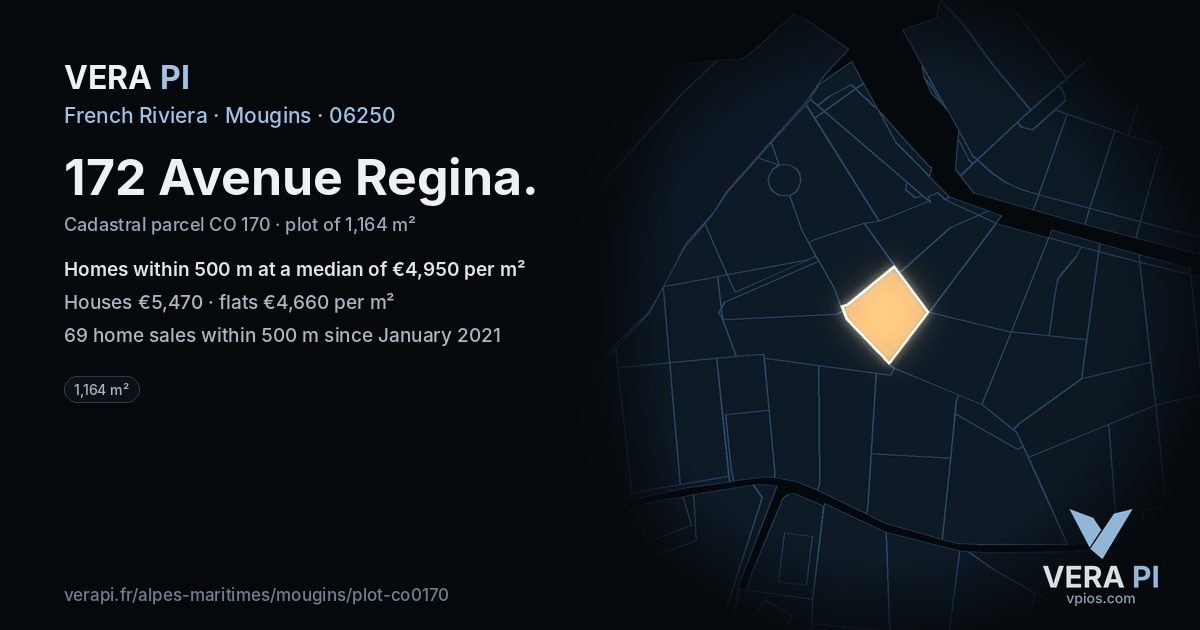172 Avenue Regina, Mougins at night – the plot lit, the parcels around coloured by the prices near them