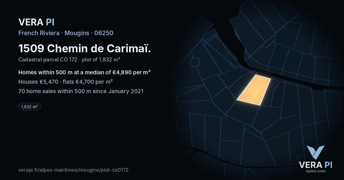1509 Chemin de Carimaï, Mougins at night – the plot lit, the parcels around coloured by the prices near them