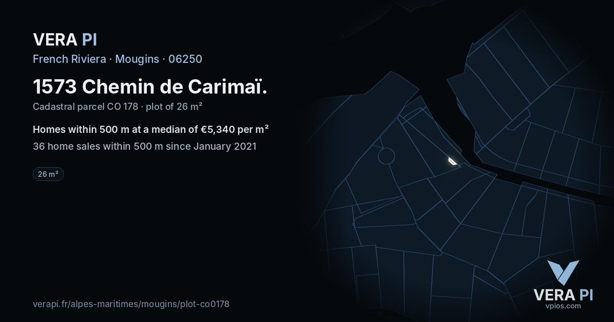 1573 Chemin de Carimaï, Mougins at night – the plot lit, the parcels around coloured by the prices near them
