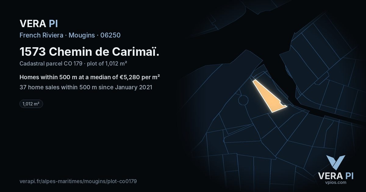 1573 Chemin de Carimaï, Mougins at night – the plot lit, the parcels around coloured by the prices near them