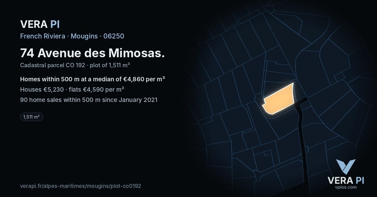 74 Avenue des Mimosas, Mougins at night – the plot lit, the parcels around coloured by the prices near them