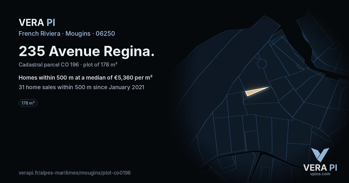235 Avenue Regina, Mougins at night – the plot lit, the parcels around coloured by the prices near them