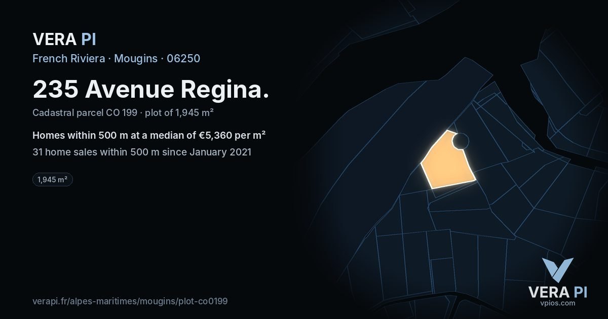 235 Avenue Regina, Mougins at night – the plot lit, the parcels around coloured by the prices near them