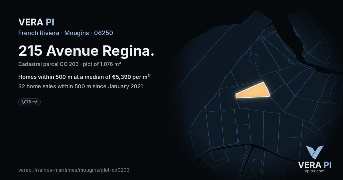 215 Avenue Regina, Mougins at night – the plot lit, the parcels around coloured by the prices near them