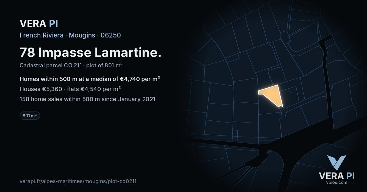 78 Impasse Lamartine, Mougins at night – the plot lit, the parcels around coloured by the prices near them