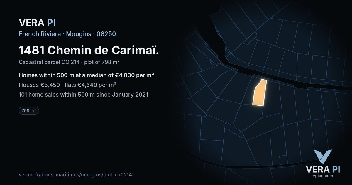 1481 Chemin de Carimaï, Mougins at night – the plot lit, the parcels around coloured by the prices near them