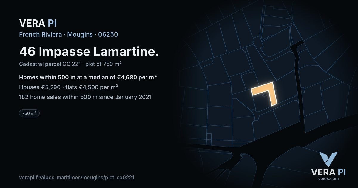 46 Impasse Lamartine, Mougins at night – the plot lit, the parcels around coloured by the prices near them