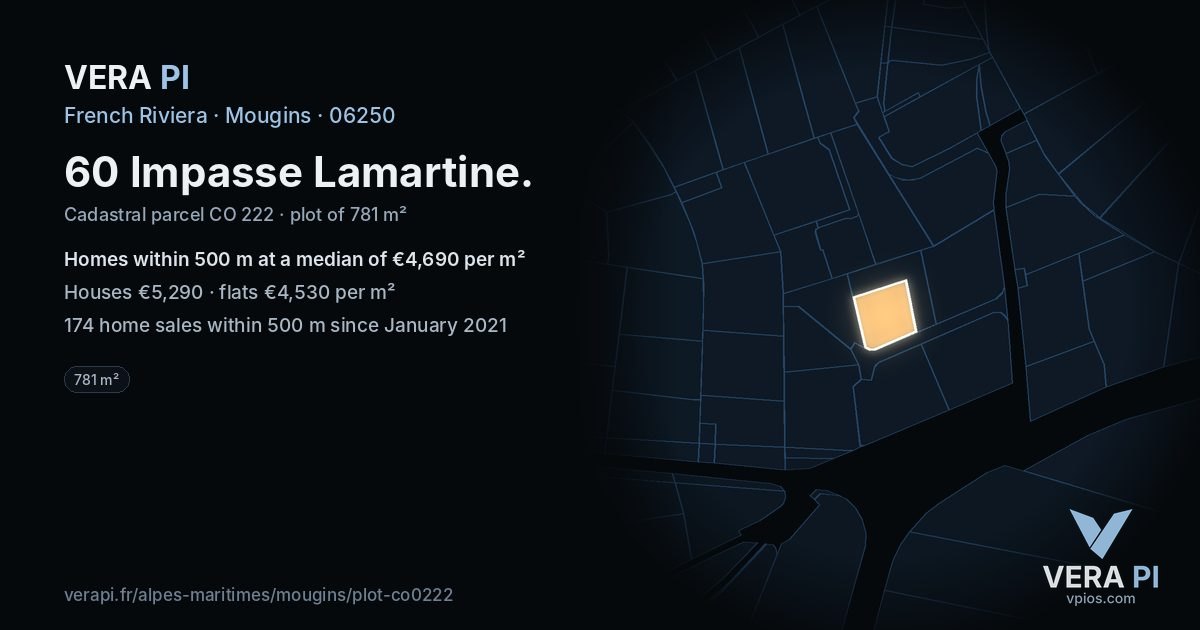 60 Impasse Lamartine, Mougins at night – the plot lit, the parcels around coloured by the prices near them