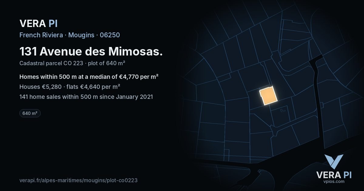 131 Avenue des Mimosas, Mougins at night – the plot lit, the parcels around coloured by the prices near them