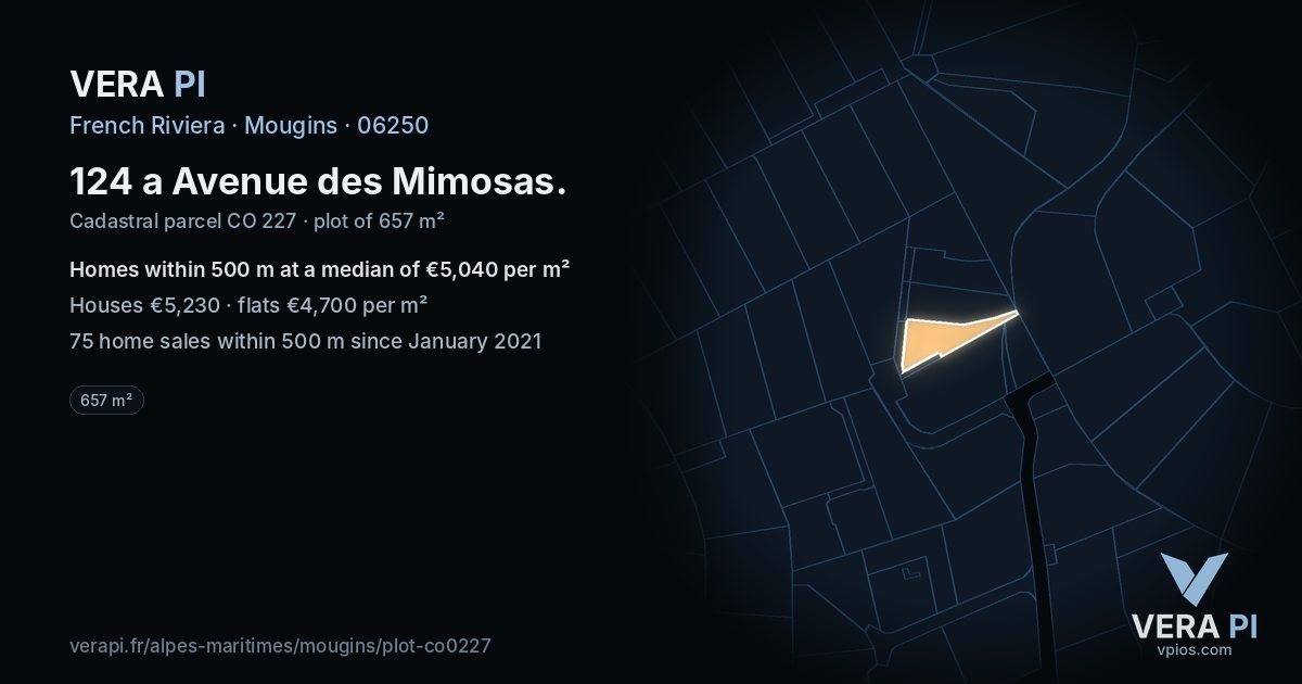 124 a Avenue des Mimosas, Mougins at night – the plot lit, the parcels around coloured by the prices near them