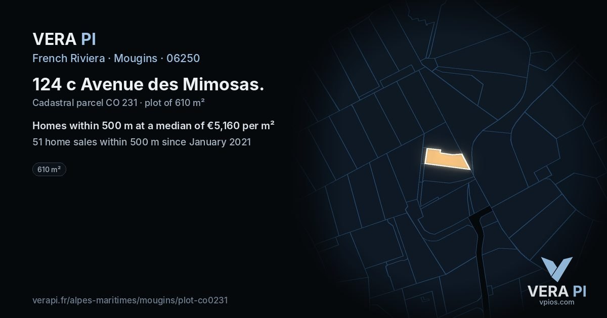 124 c Avenue des Mimosas, Mougins at night – the plot lit, the parcels around coloured by the prices near them
