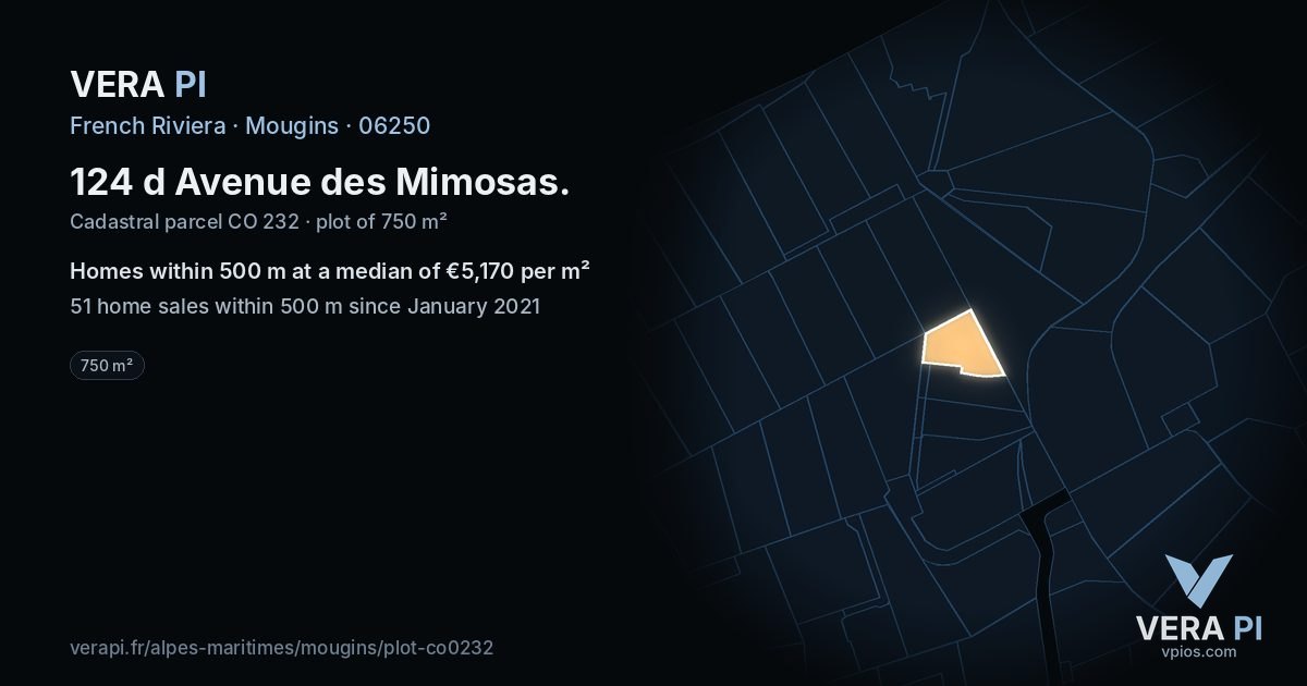124 d Avenue des Mimosas, Mougins at night – the plot lit, the parcels around coloured by the prices near them