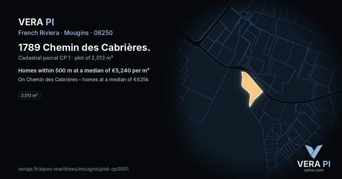 1789 Chemin des Cabrières, Mougins at night – the plot lit, the parcels around coloured by the prices near them