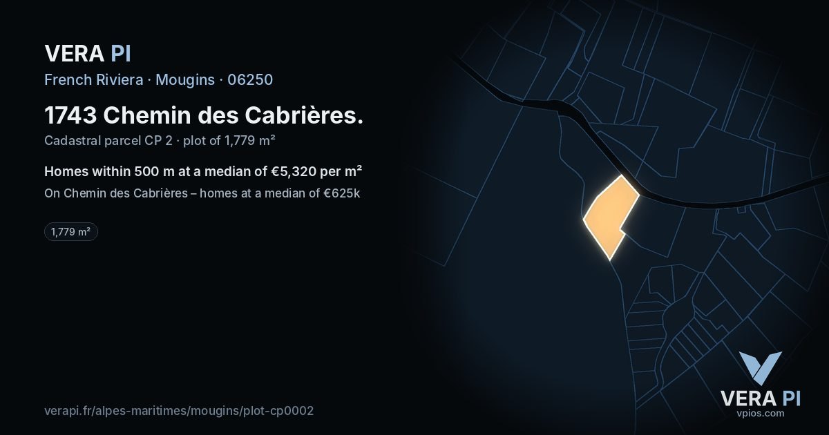 1743 Chemin des Cabrières, Mougins at night – the plot lit, the parcels around coloured by the prices near them