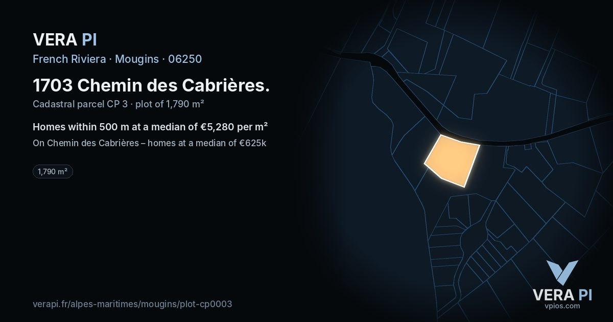 1703 Chemin des Cabrières, Mougins at night – the plot lit, the parcels around coloured by the prices near them