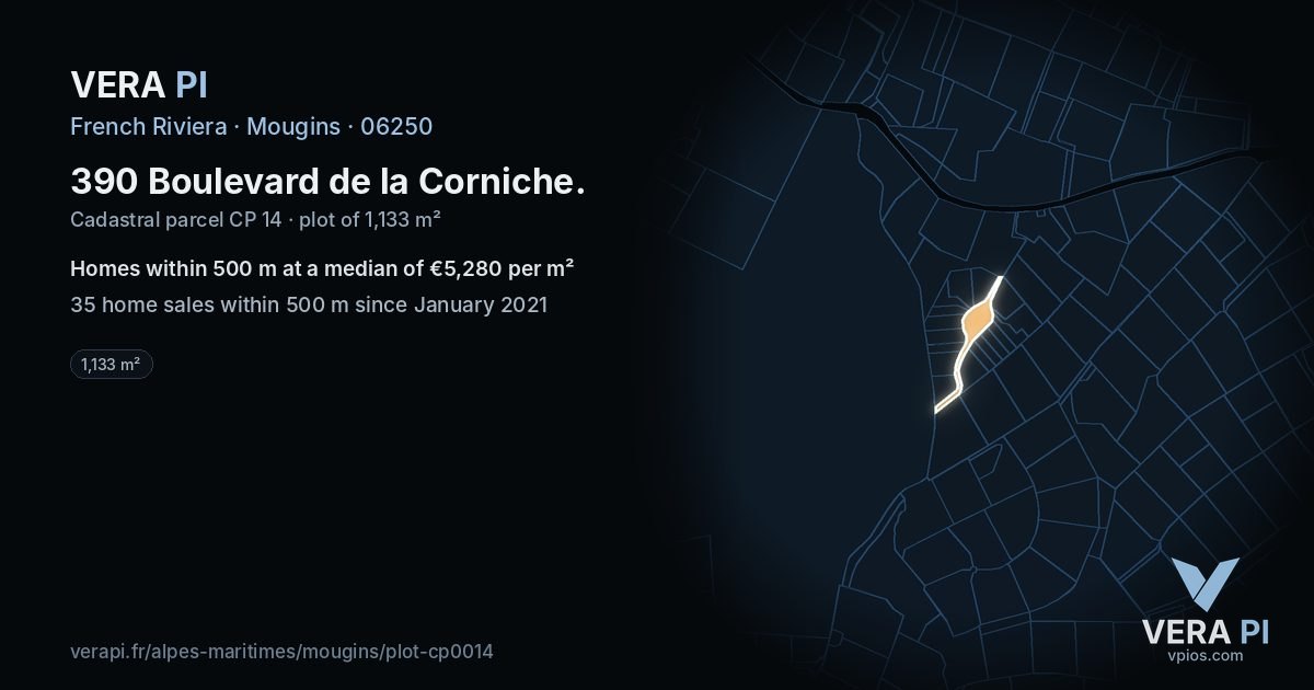 390 Boulevard de la Corniche, Mougins at night – the plot lit, the parcels around coloured by the prices near them