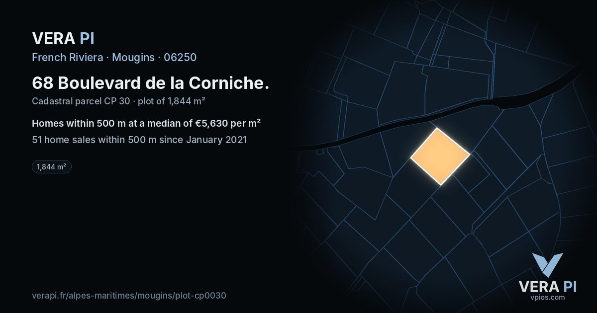 68 Boulevard de la Corniche, Mougins at night – the plot lit, the parcels around coloured by the prices near them