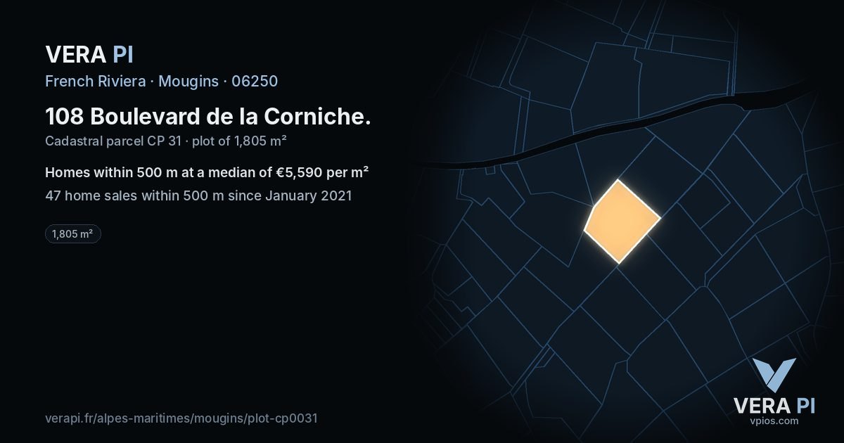 108 Boulevard de la Corniche, Mougins at night – the plot lit, the parcels around coloured by the prices near them