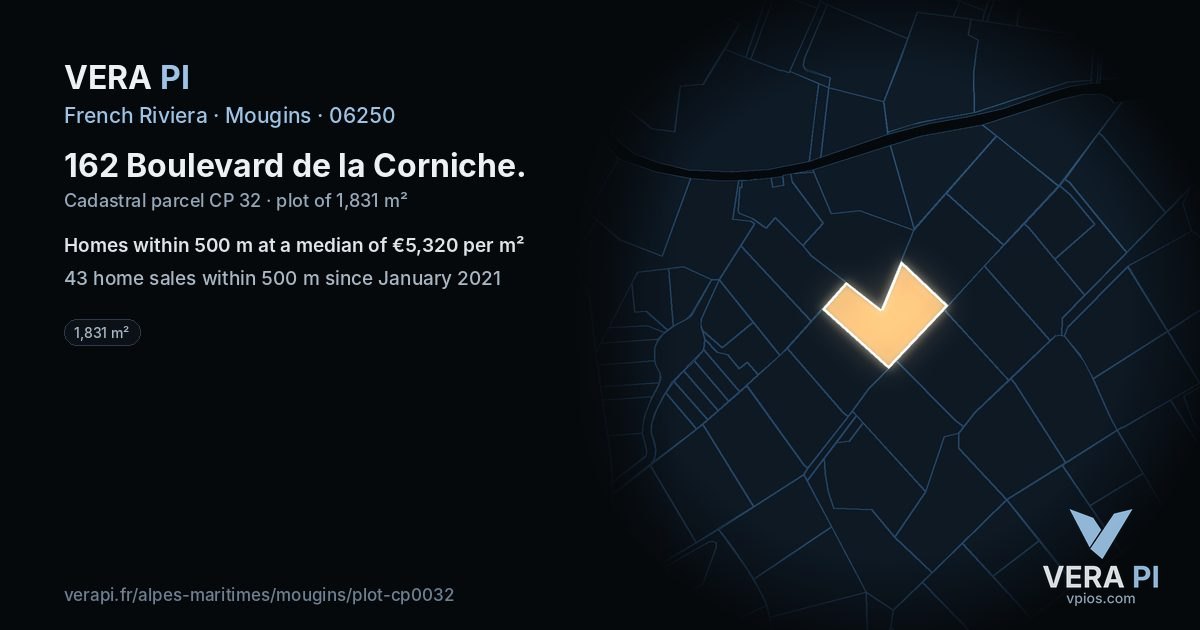 162 Boulevard de la Corniche, Mougins at night – the plot lit, the parcels around coloured by the prices near them