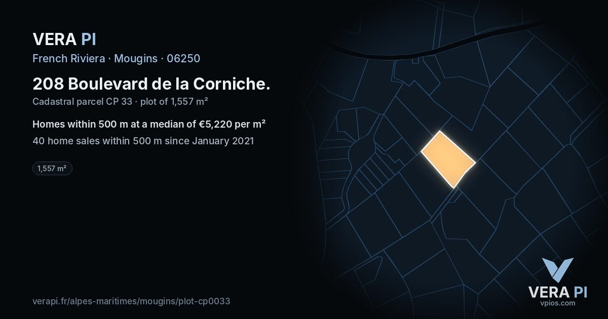208 Boulevard de la Corniche, Mougins at night – the plot lit, the parcels around coloured by the prices near them