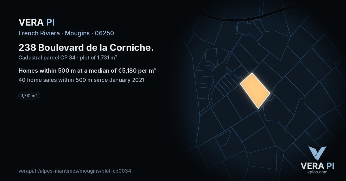 238 Boulevard de la Corniche, Mougins at night – the plot lit, the parcels around coloured by the prices near them