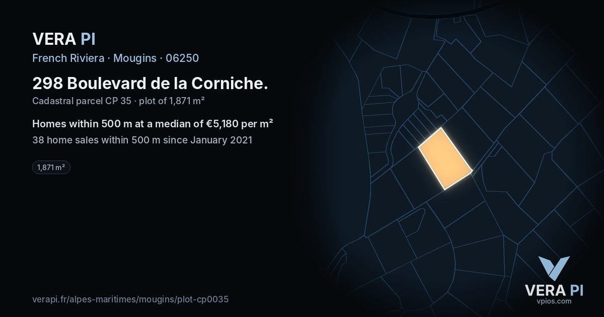 298 Boulevard de la Corniche, Mougins at night – the plot lit, the parcels around coloured by the prices near them