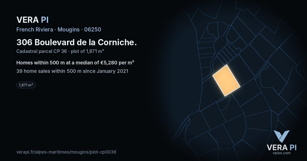 306 Boulevard de la Corniche, Mougins at night – the plot lit, the parcels around coloured by the prices near them