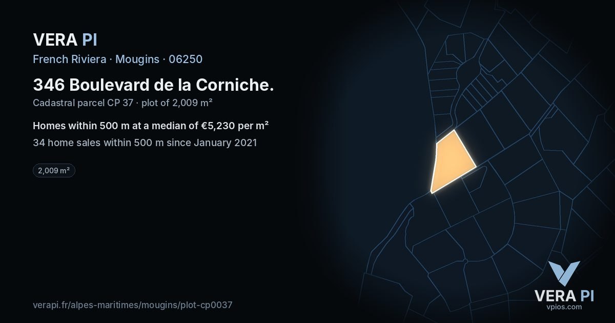 346 Boulevard de la Corniche, Mougins at night – the plot lit, the parcels around coloured by the prices near them
